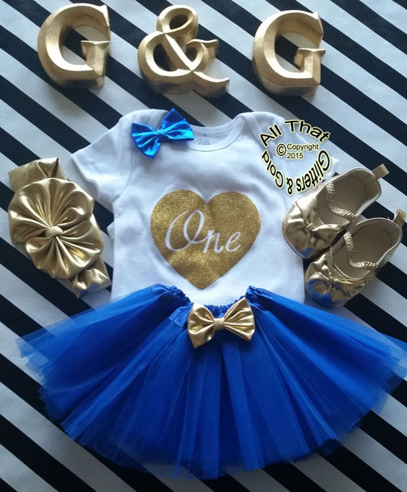 Cute Gold 1st Birthday Outfits - Royal Blue and Gold One First Birthday