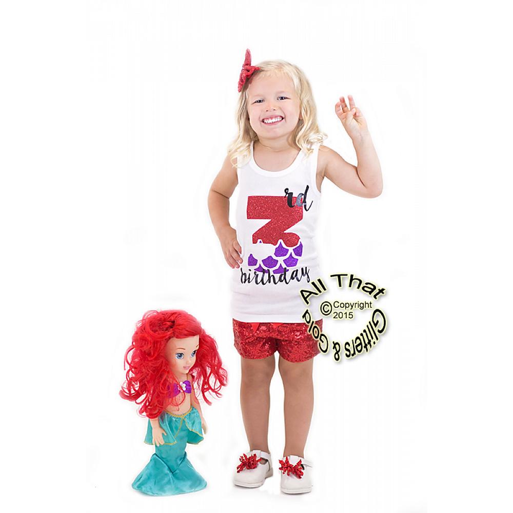 Little Mermaid Glitter 3rd Birthday Summer Shorts Outfits For Toddler Girls