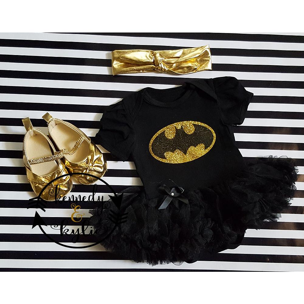 Baby Girl Batgirl Tutu Costume 2 Pc Glitter Birthday Tutu Onesie