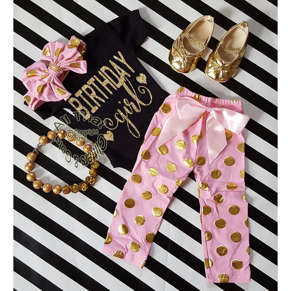 One Year Old Birthday Outfits Pink Gold Glitter Polka Dot Birthday Girl Pants Set