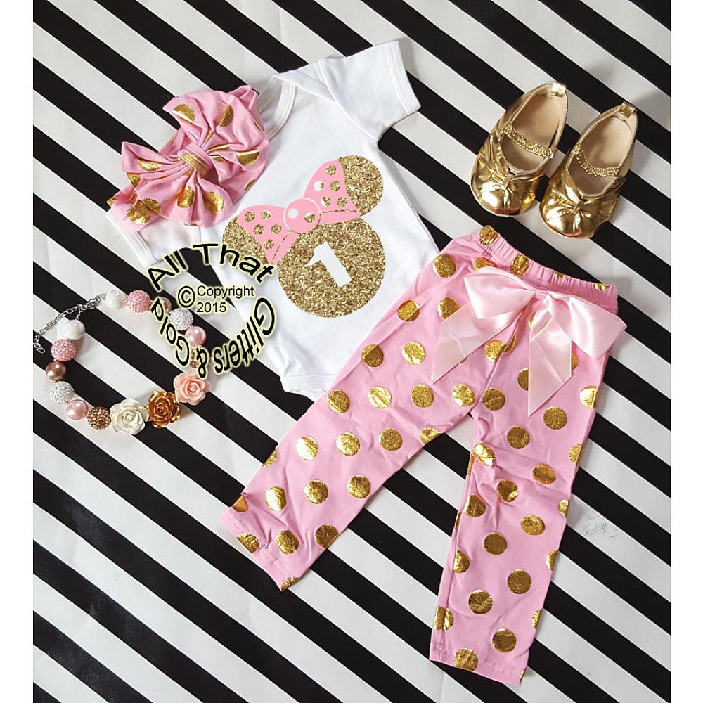 Cute Minnie Birthday Outfits For Toddlers 1st One Year Old Pink Gold Pants Set