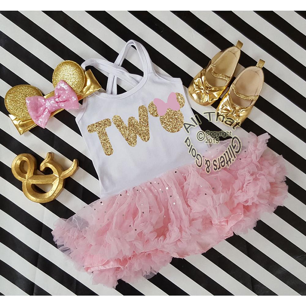 Cute 2nd Birthday Dresses Minnie Two Year Old Pink Gold Birthday Tutu Dress