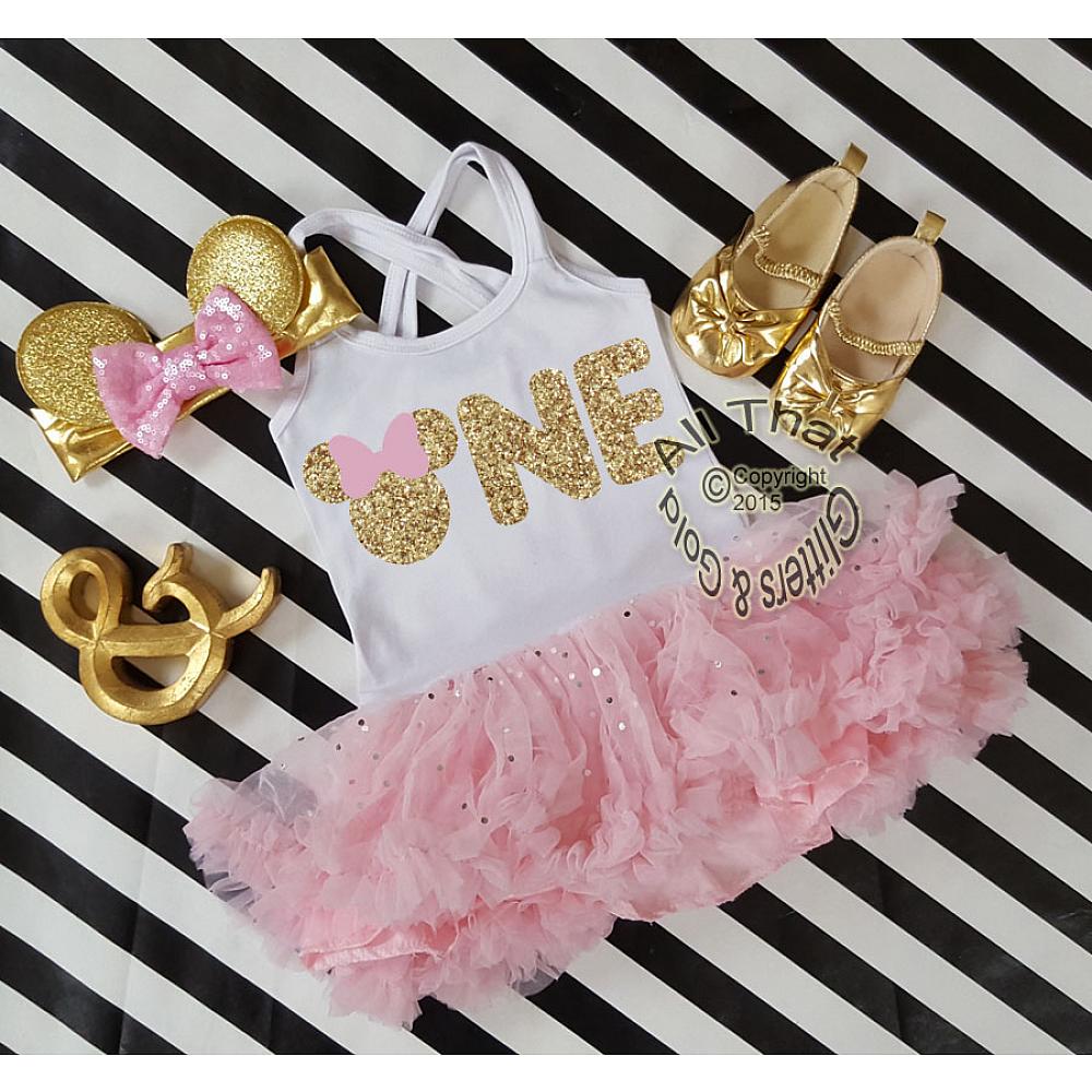 Cute 1st Birthday Dresses - Minnie One Year Old Pink Gold Birthday Tutu  Dress