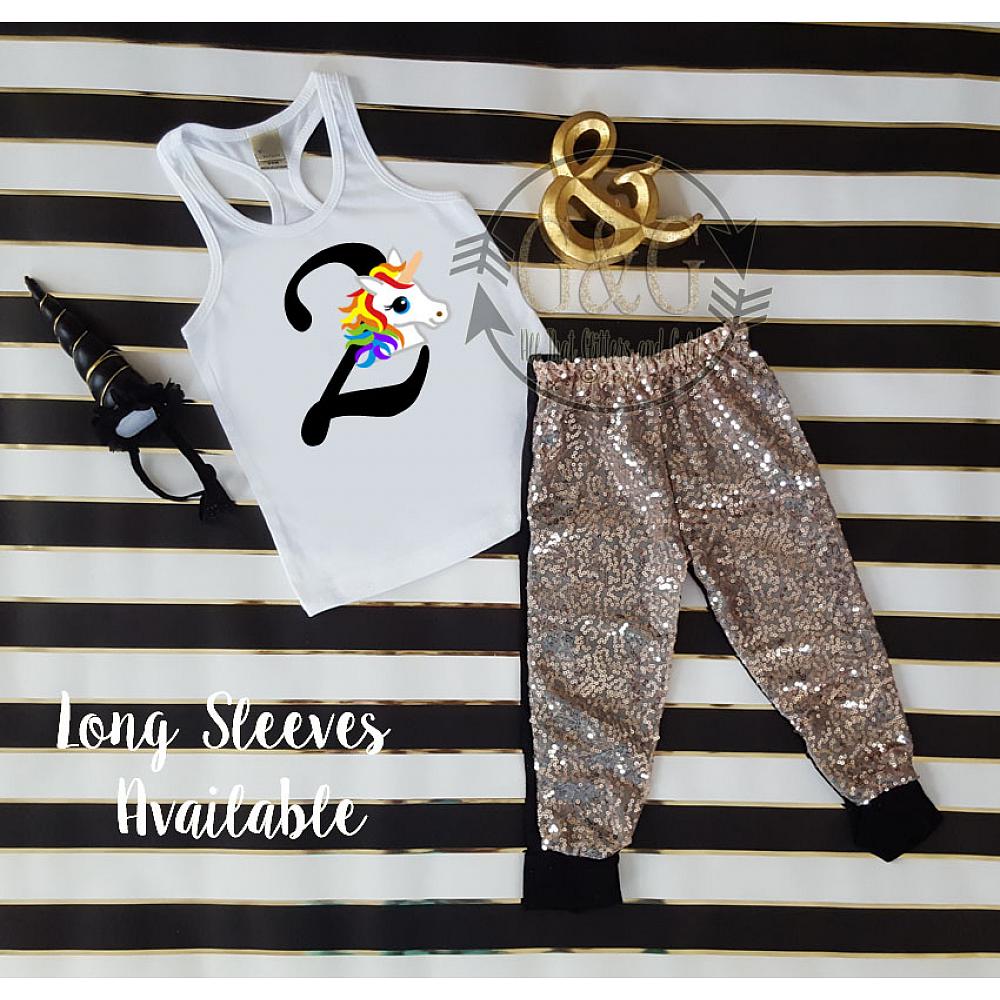 Rainbow Unicorn Sequin Birthday Pants Outfits Toddler Girls Winter