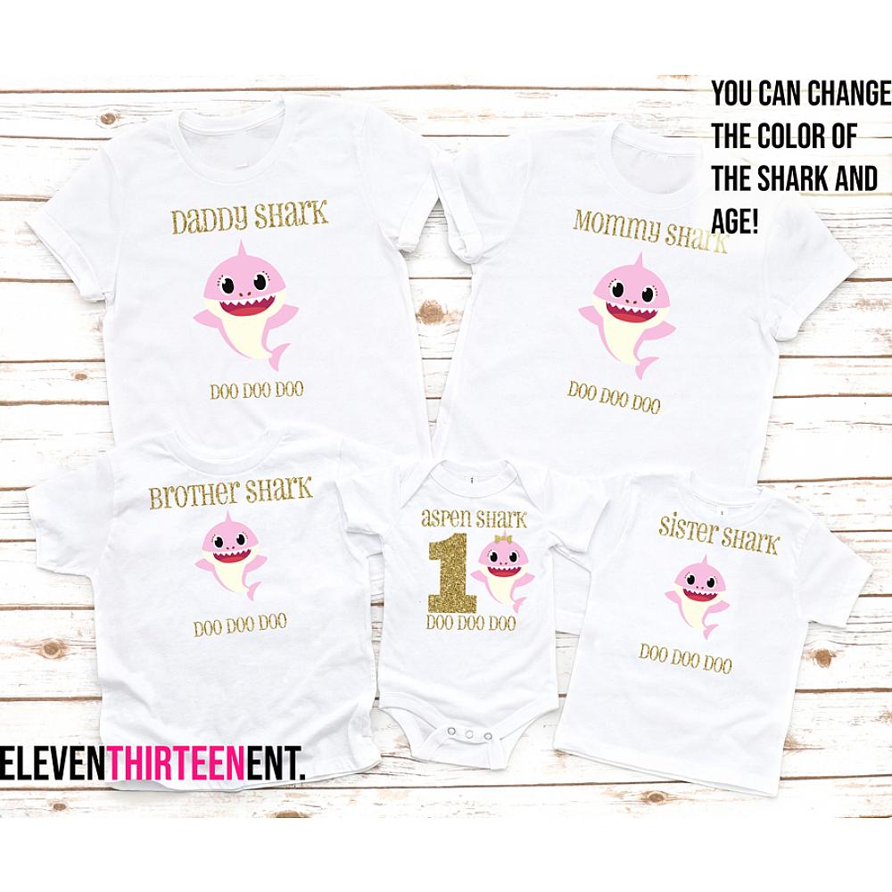 Baby Shark Family Birthday Shirts Pink And Gold 1st 2nd 3rd Matching Mom Dad Parents Sister Brother Tops