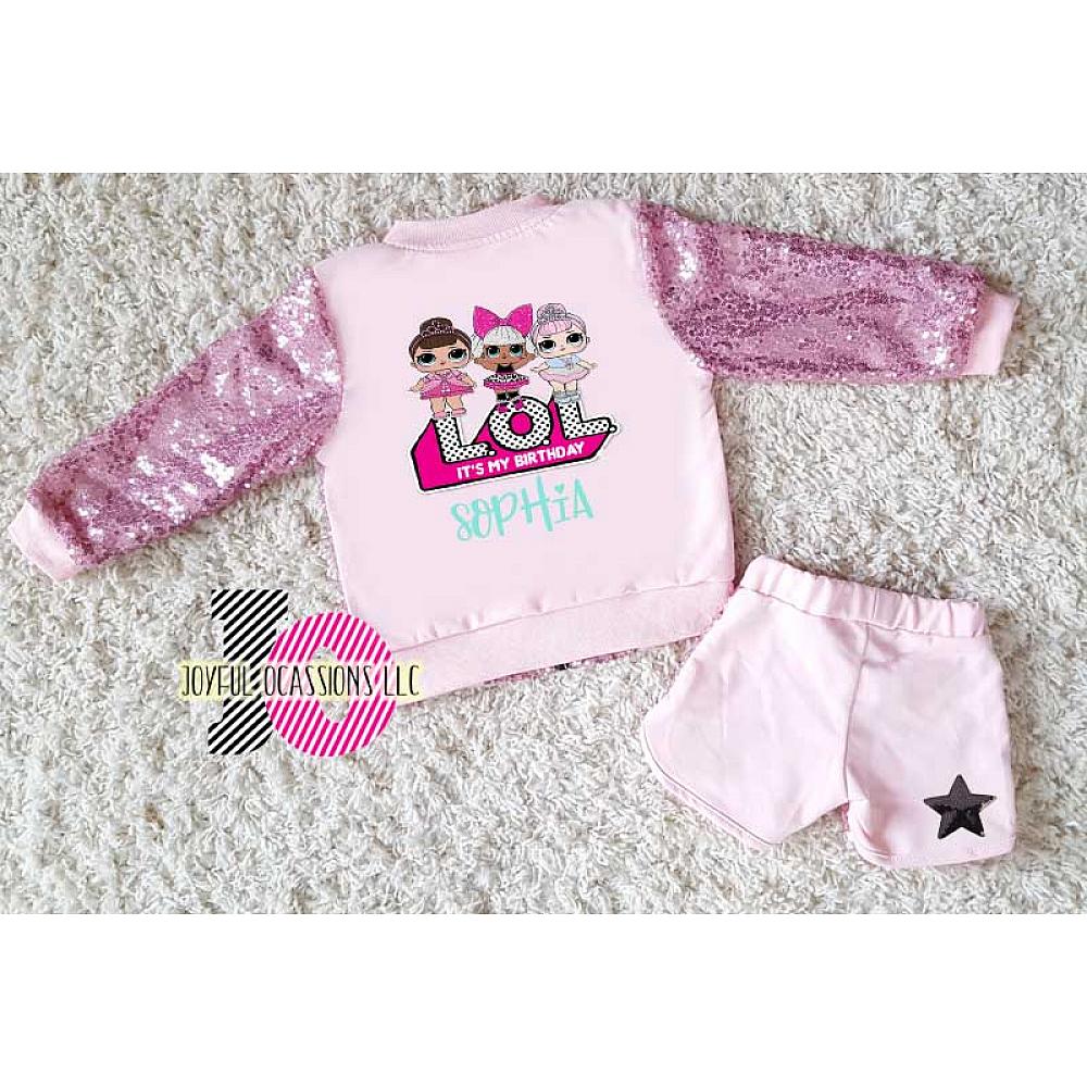 Personalized LOL Surprise Pink Sequin Birthday Shorts Summer Outfit Set 1 5