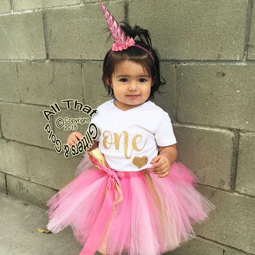 Pink and Gold One Year Old Birthday Tutu Skirt Outfit Unicorn Horn Headband Big Bow Headband