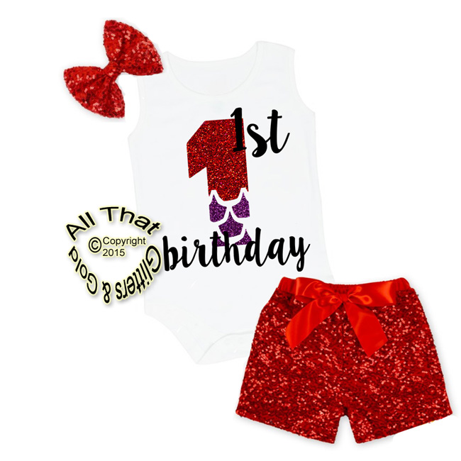Red and Purple Mermaid Glitter 1st Birthday Sequin Shorts Outfits