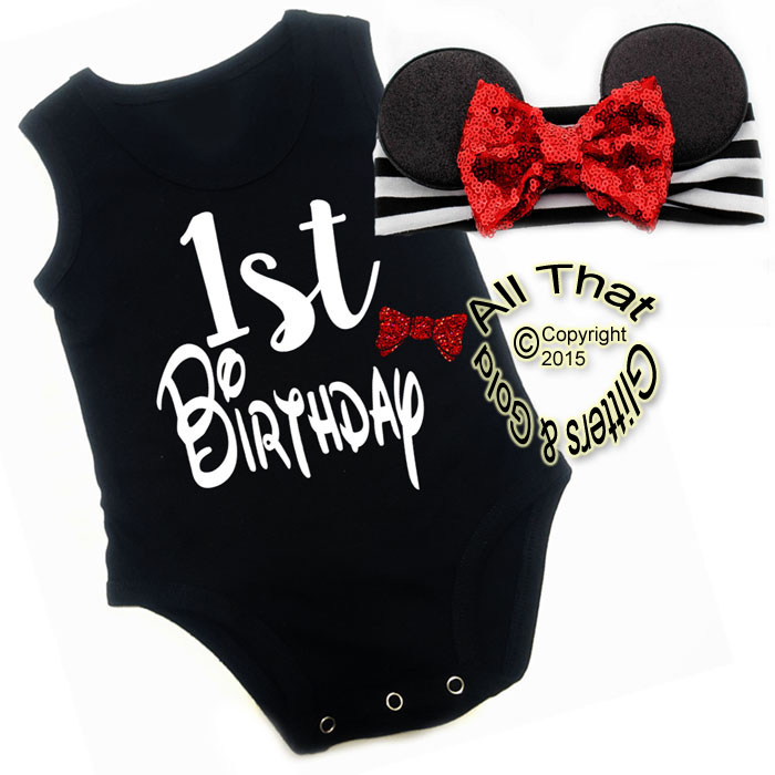 2 Pc Black, White and Red Glitter 1st Birthday Minnie Baby Girl Outfit