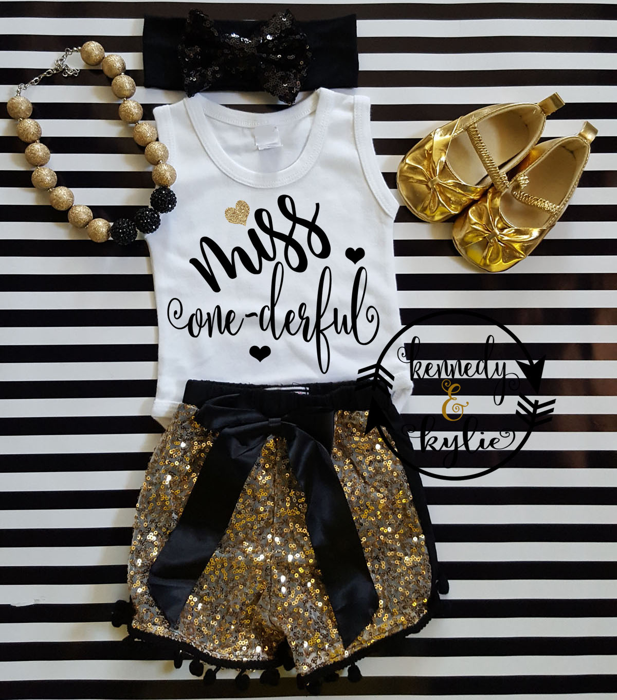Black and Gold Miss One-derful With Gold Sequin Pom Pom Shorts