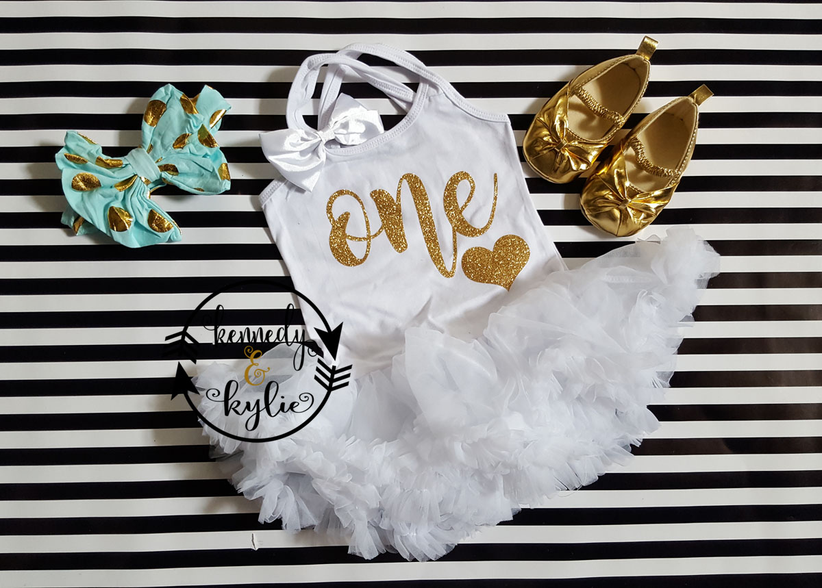 White and Gold Glitter One or Two 1st or 2nd Birthday Tutu Dresses For Baby Girls