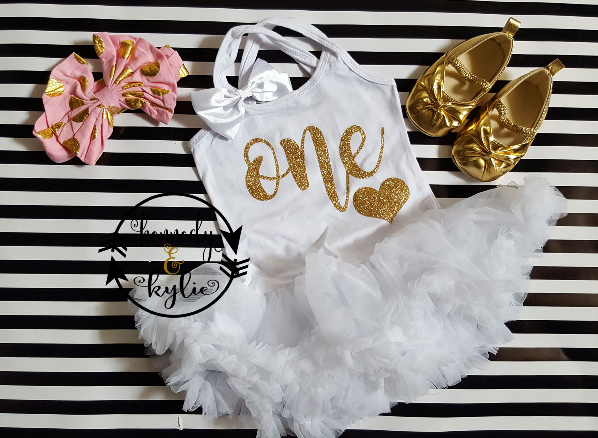 White and Gold Glitter One or Two 1st or 2nd Birthday Tutu Dresses For Baby Girls
