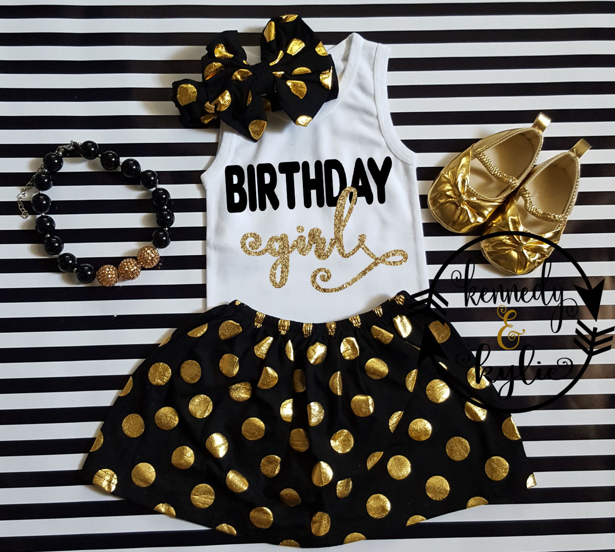 Black and Gold Polka Dot Birthday Girl Outfit For Girls Ages 2 to 8