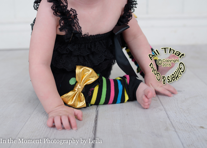 Black Polka Dot and Striped Baby Girl Leg Warmers With Gold Bow