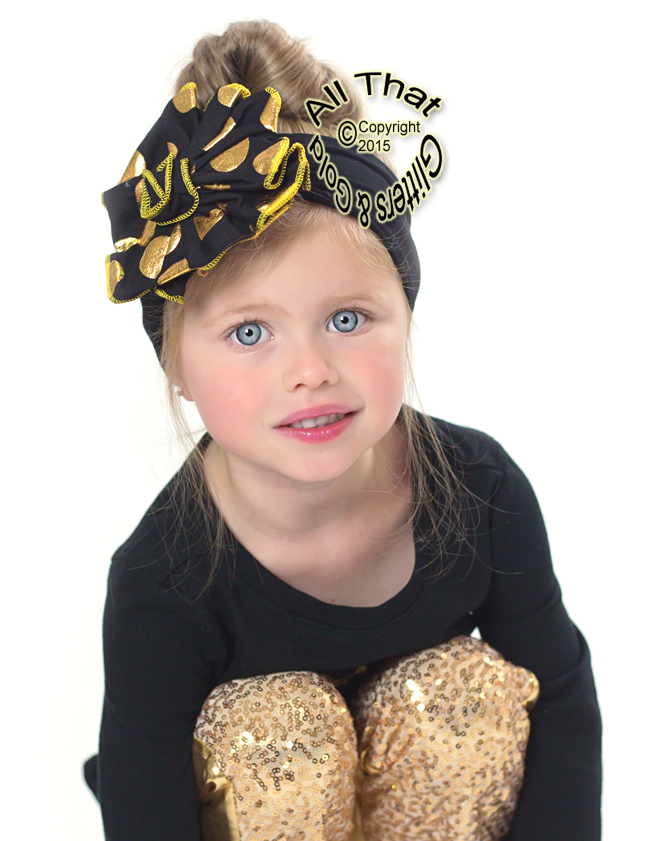 Black and Gold Polka Dot Big Flower Baby Little Girls Headbands