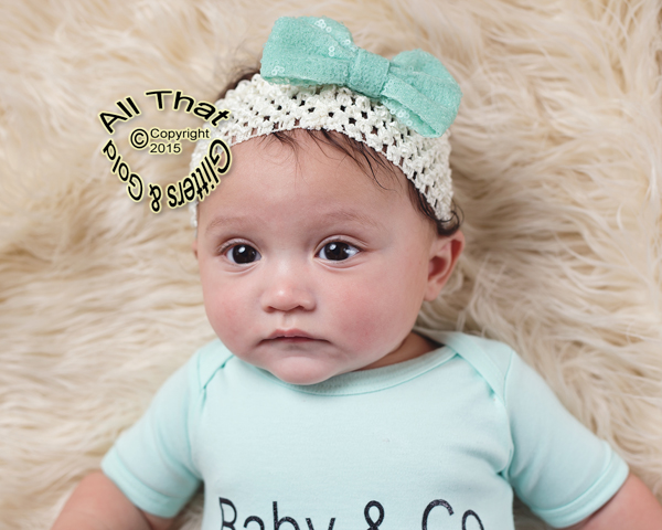 Baby and Little Girls Ivory and Aqua Sequin 4 Inch Big Bow Headbands