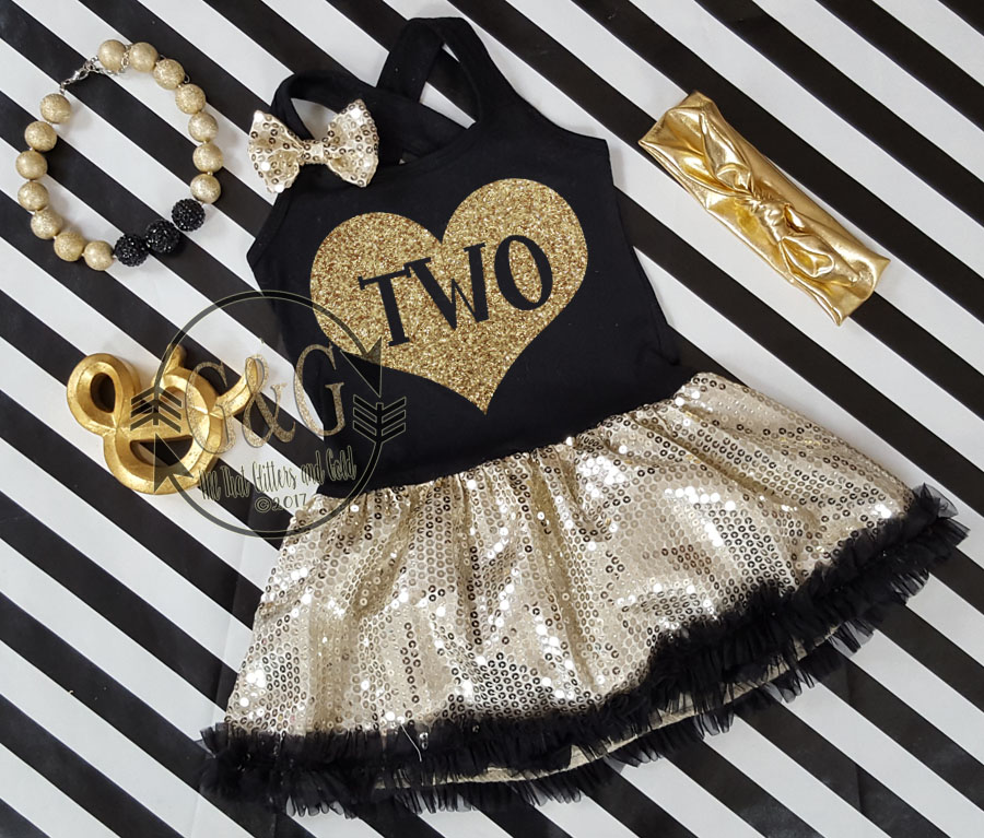 Black and Gold Sequin Birthday Age In Heart Tutu Dresses For Toddler Girls Ages 1-4