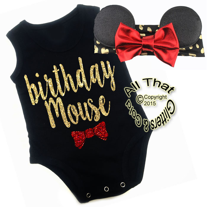 2 Pc Black, Red and Gold Glitter Birthday Mouse Girls Outfit