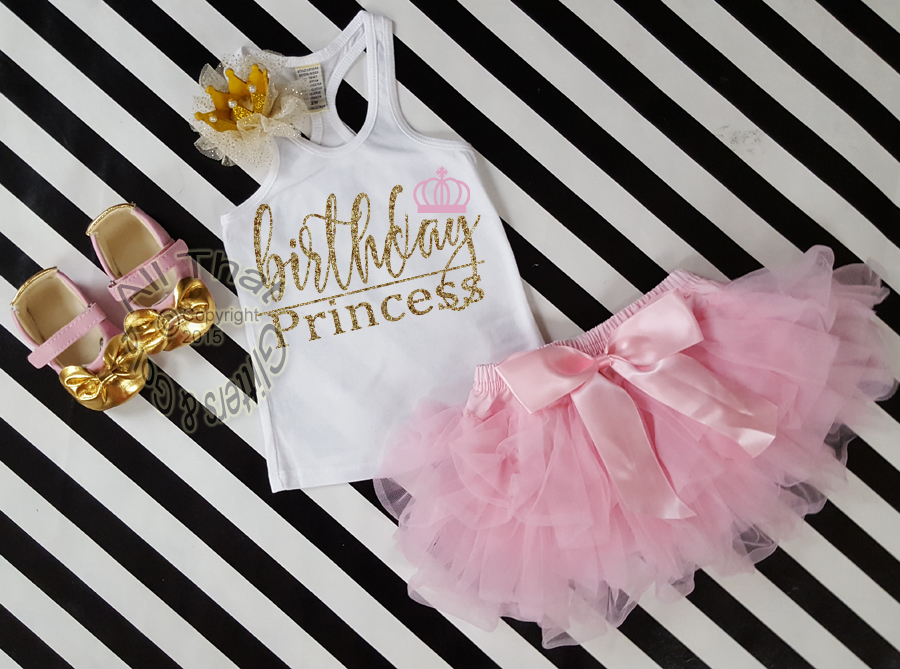 3 PC Pink and Gold Birthday Princess Outfit With Pink Tutu Skirt
