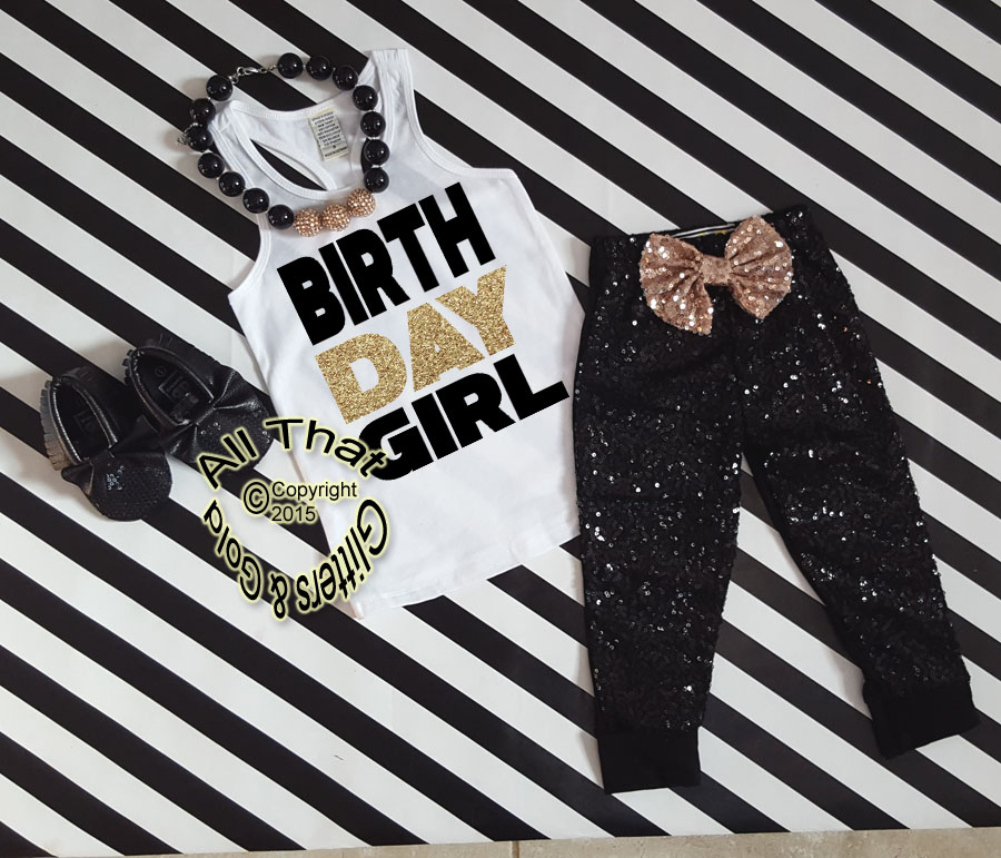 Black and Gold Birthday Girl Sequin Birthday Pants Outfit