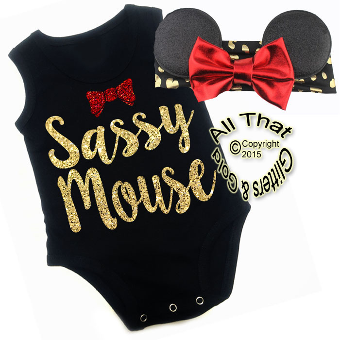 2 Pc Black, Red and Gold Glitter Sassy Mouse Girls Outfit