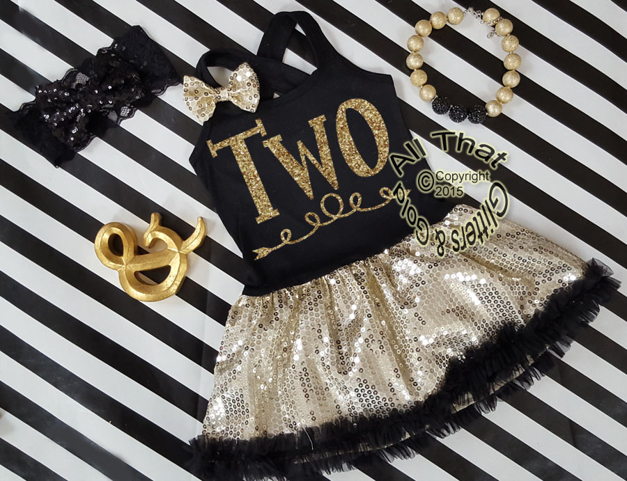 Black and Gold Sequin Two Year Old Birthday Tutu Dresses For Toddler Girls