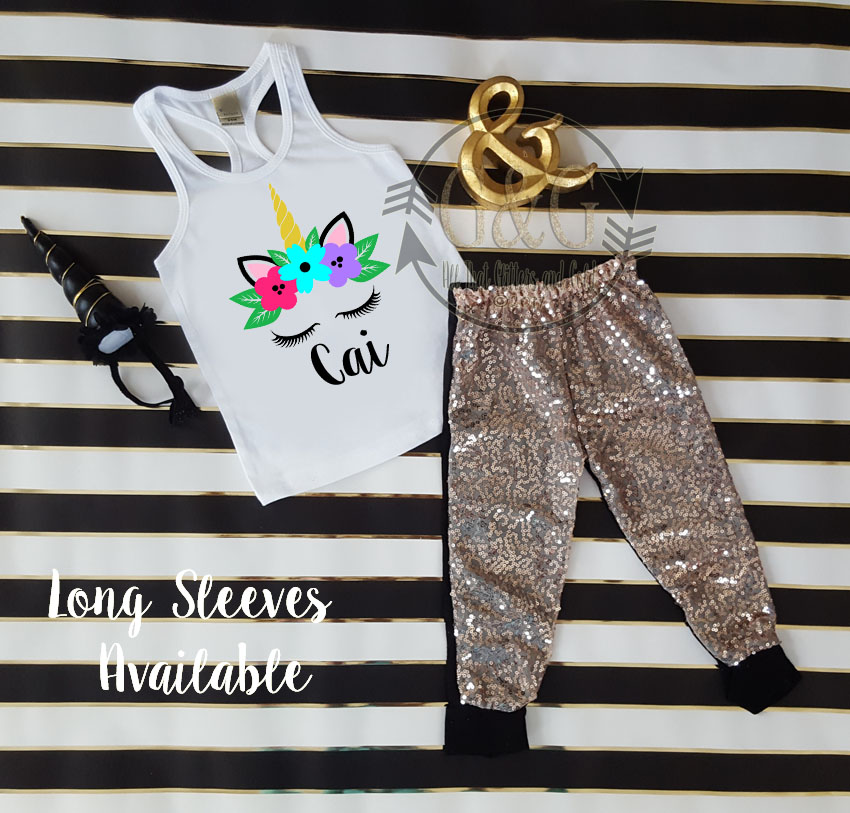 Black and Gold Unicorn Face Sequin Birthday Pants Outfit Ages 1-6