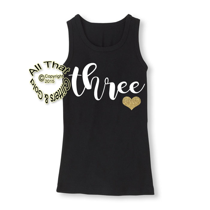 Black, White and Gold Glitter Three Year Old Birthday Shirts For Toddler Girls