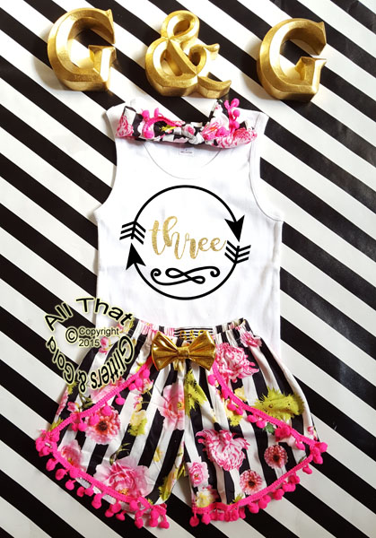 Black and White Stripes With Flowers 2nd 3rd 4th Girls Birthday Pom Pom Shorts Outfits