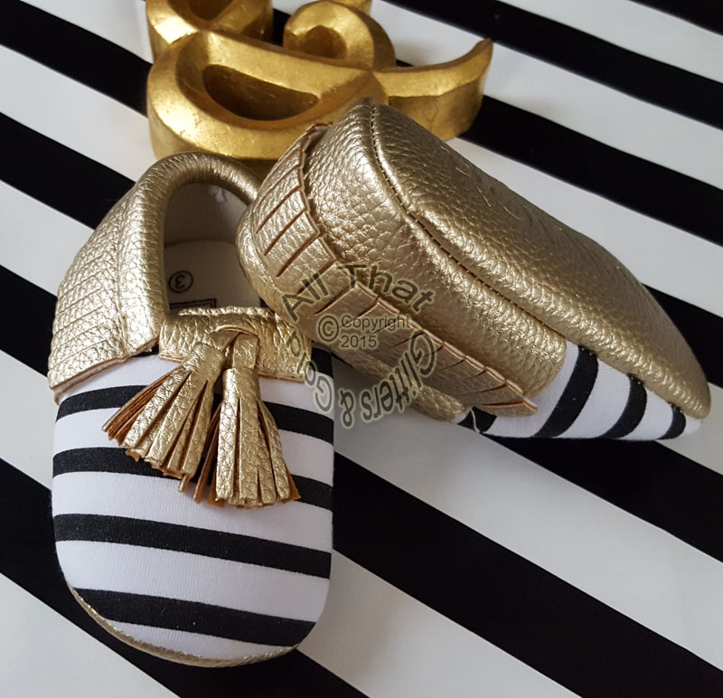 Gold, Black and White Striped Soft Soled Baby Girl Moccasin Shoes With Tassels