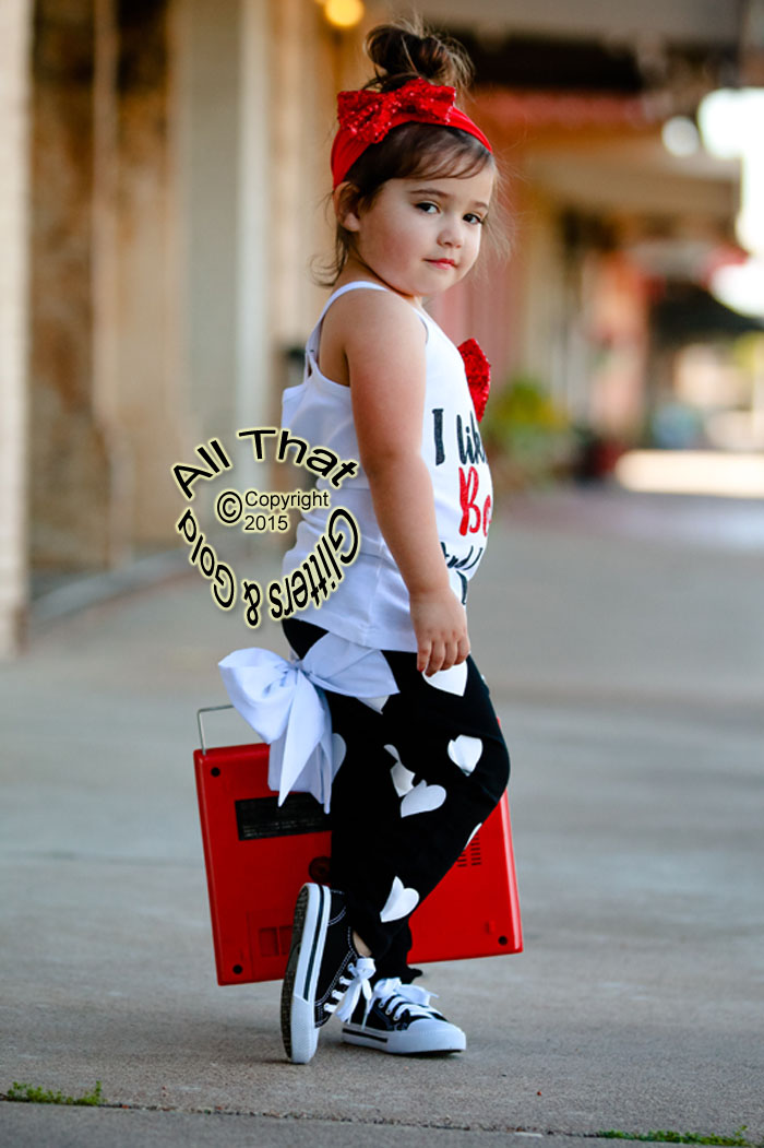 Girls Black and White Hearts Pants With Big Bow