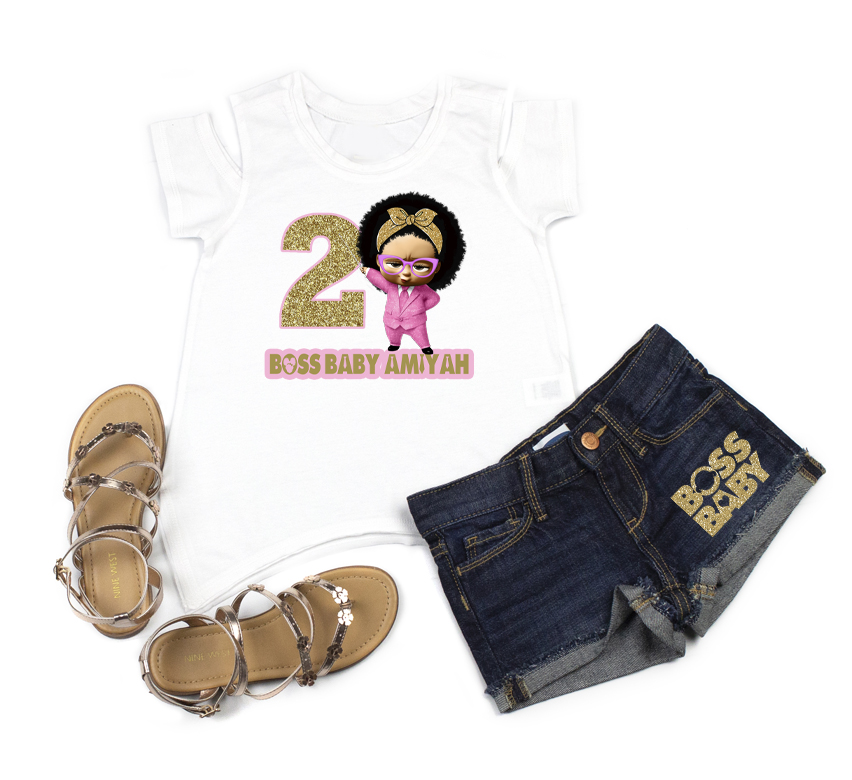 Boss Baby Girl 2nd Birthday Outfit With Denim Shorts For Girls - Pink and Gold Pointing