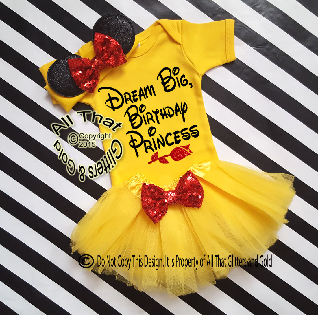 Cute 3pc Belle Inspired Dream Big Birthday Tutu Costume For Baby Girls and Little Girls