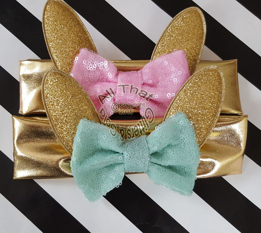 Gold Glitter Bunny Ears Baby and Little Girls Big Bow Headbands