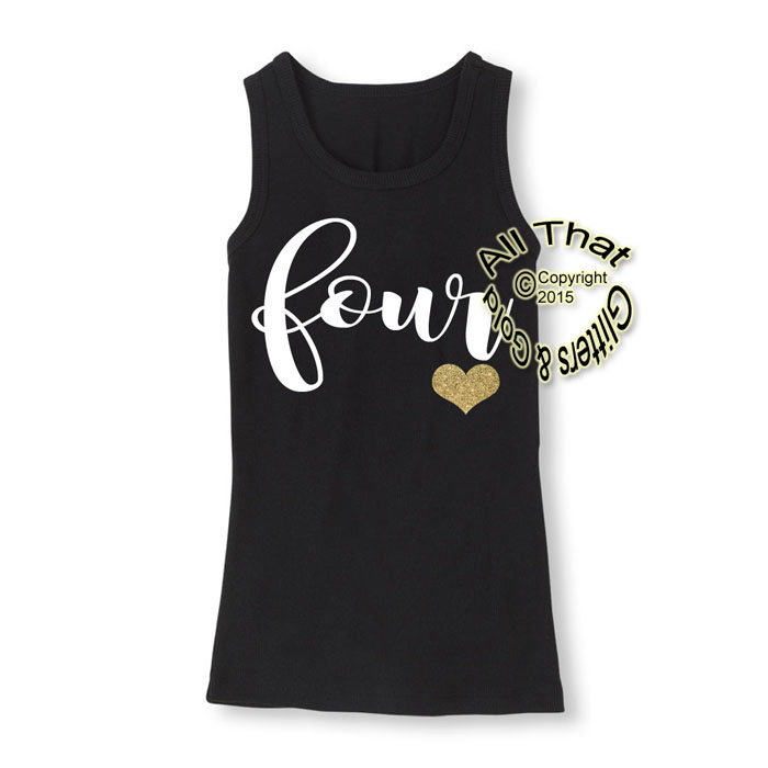 Black, White and Gold Glitter Four Year Old Birthday Shirts For Little Girls