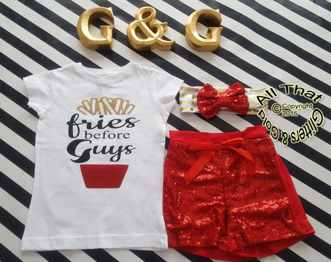 Red and Gold Fries Before Guys Baby Girl and Little Girl Outfit