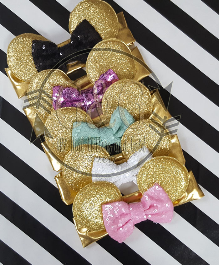Gold Glitter Minnie Ears Baby and Little Girls Big Bow Headbands - Multiple Colors