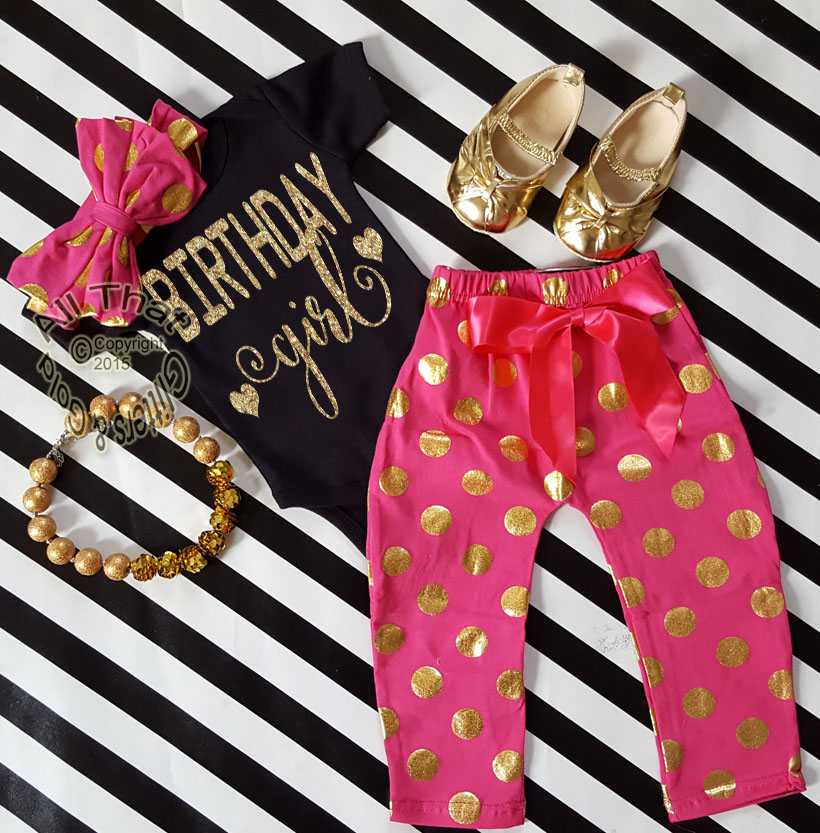 Hot Pink, Black and Gold Polka Dot One Year Old Birthday Girl Pants Outfits For Baby Girls