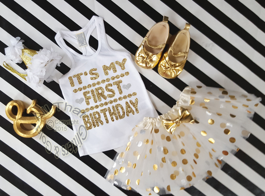 White and Gold It's My First Birthday Polka Dot Tutu Outfit