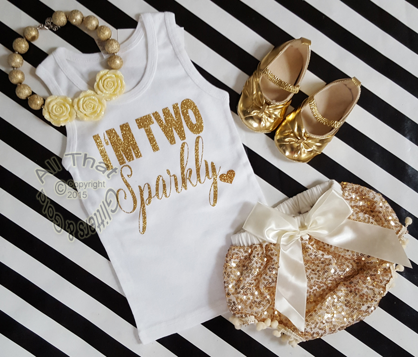 Ivory and Gold I'm Two Sparkly TM Outfit With Gold Sequin Pom Pom Bloomers