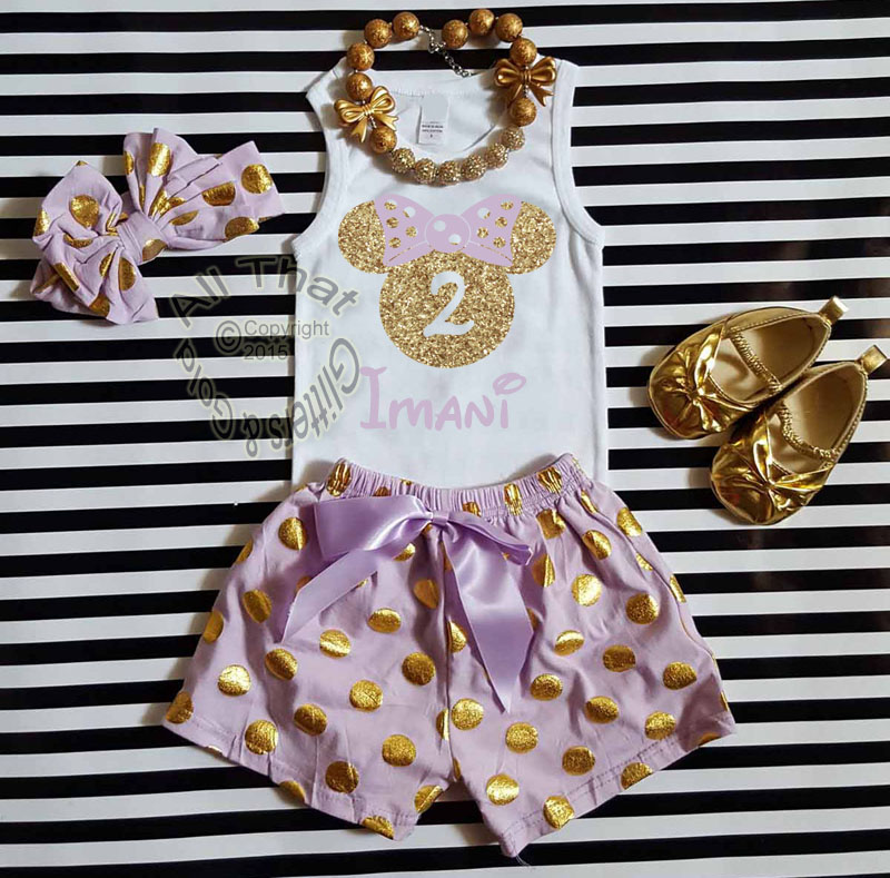 Personalized Lavender and Gold Minnie Birthday Shorts Outfits For Toddlers