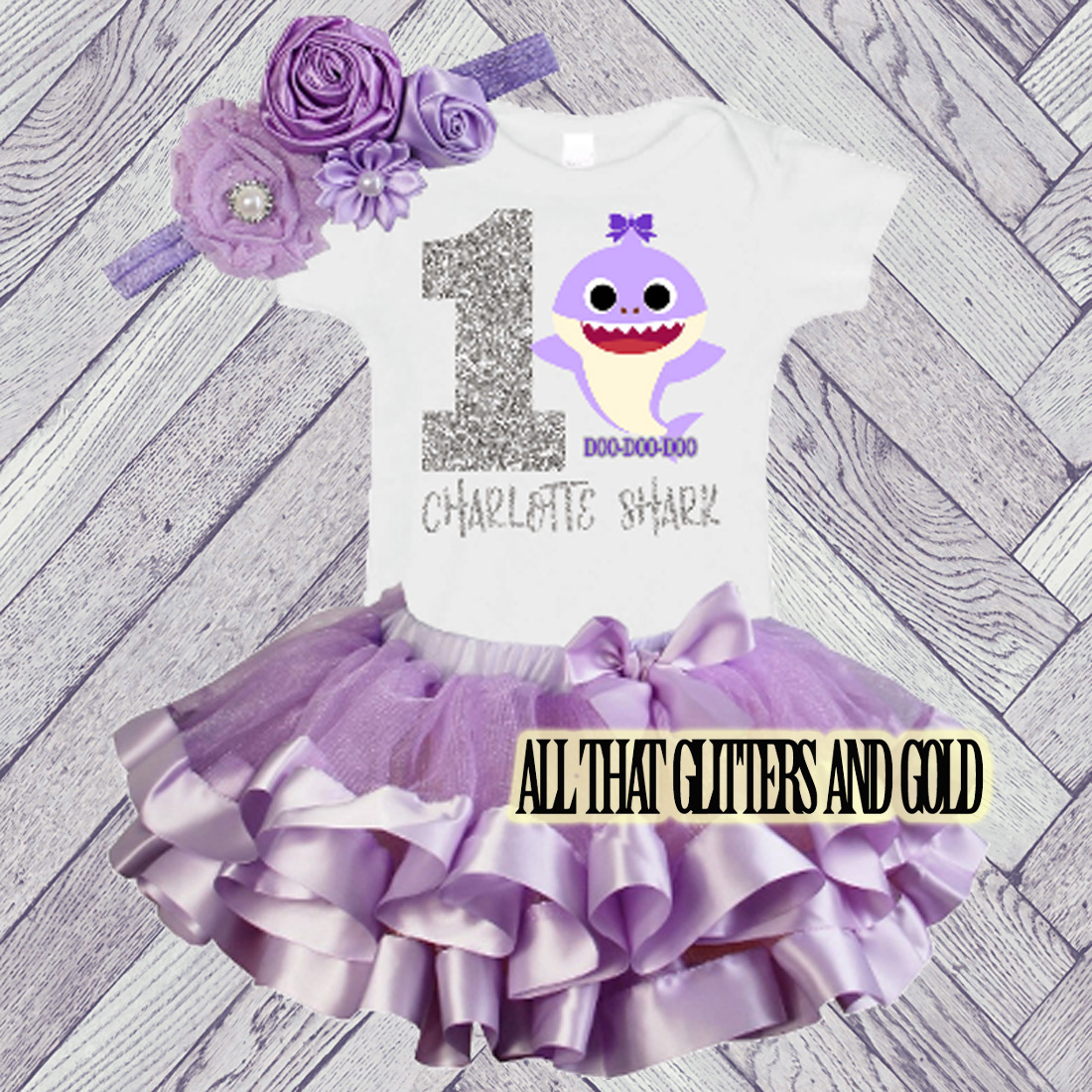 Personalized Lavender and Silver Glitter Baby Shark Birthday Tutu Outfit Ages 1-6
