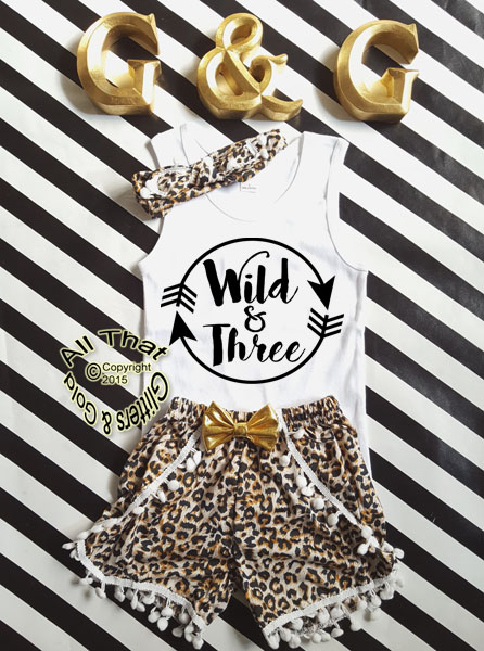 Wild and Three Leopard Print Glitter 3rd Birthday Pom Pom Shorts Outfits