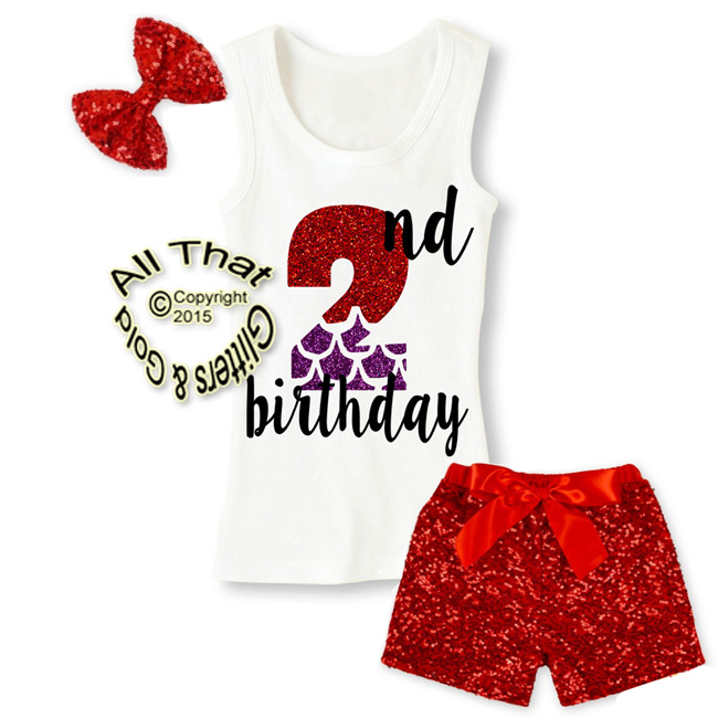 Red and Purple Mermaid Glitter 2nd Birthday Sequin Shorts Outfits