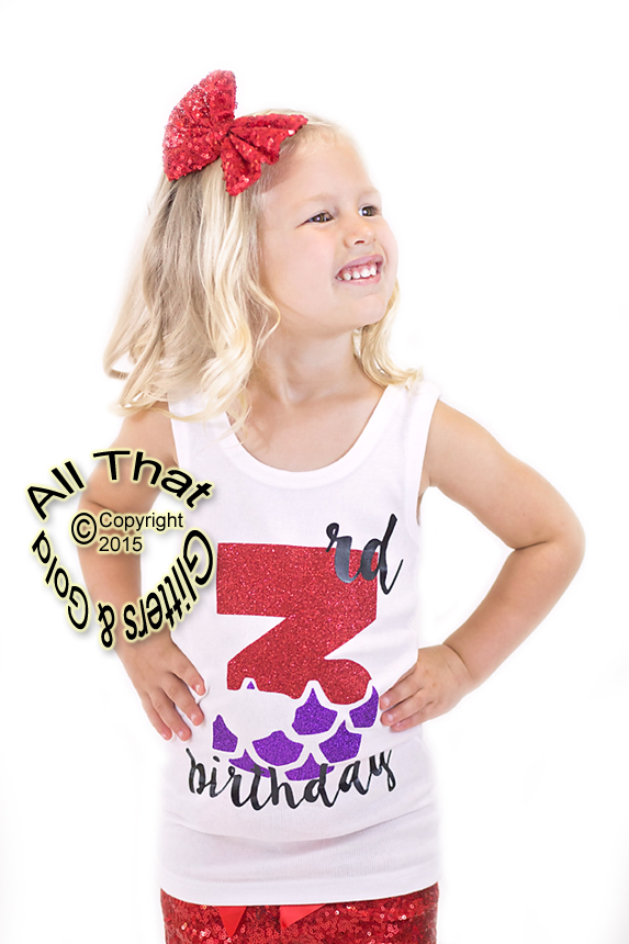 Red and Purple Mermaid Glitter 3rd Birthday Sequin Shorts Outfits