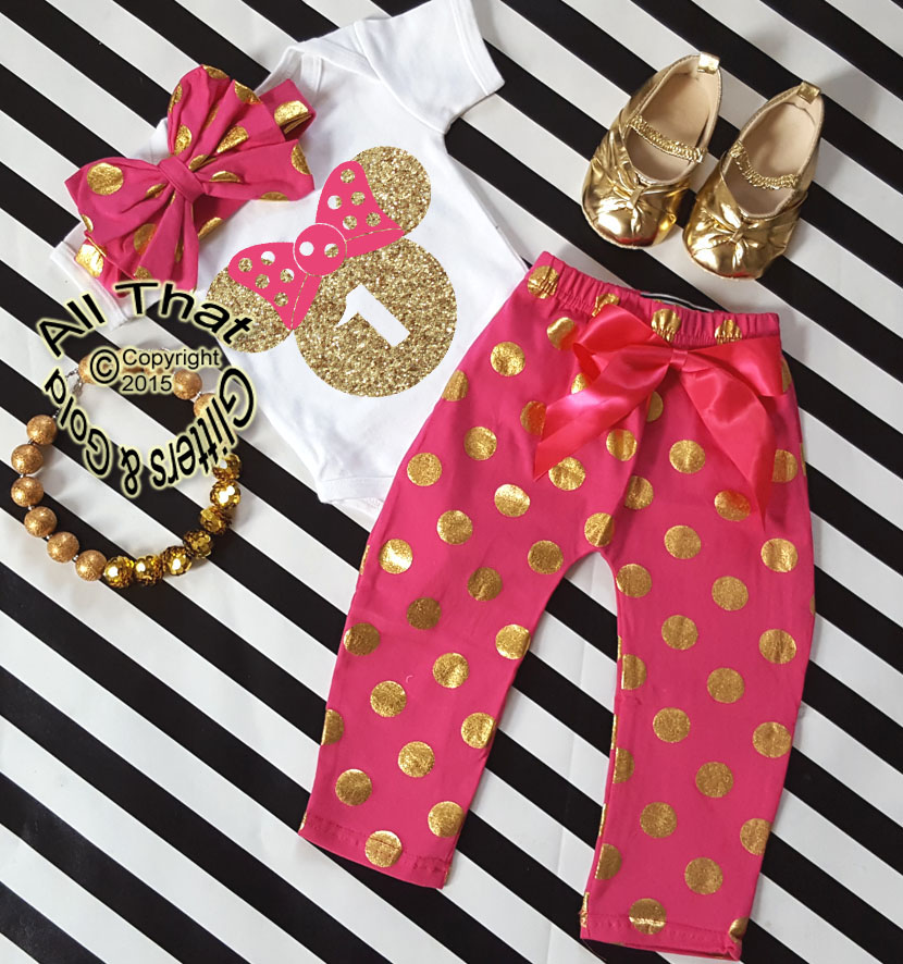 Hot Pink and Gold Minnie Birthday Pants Outfits For One Year Old