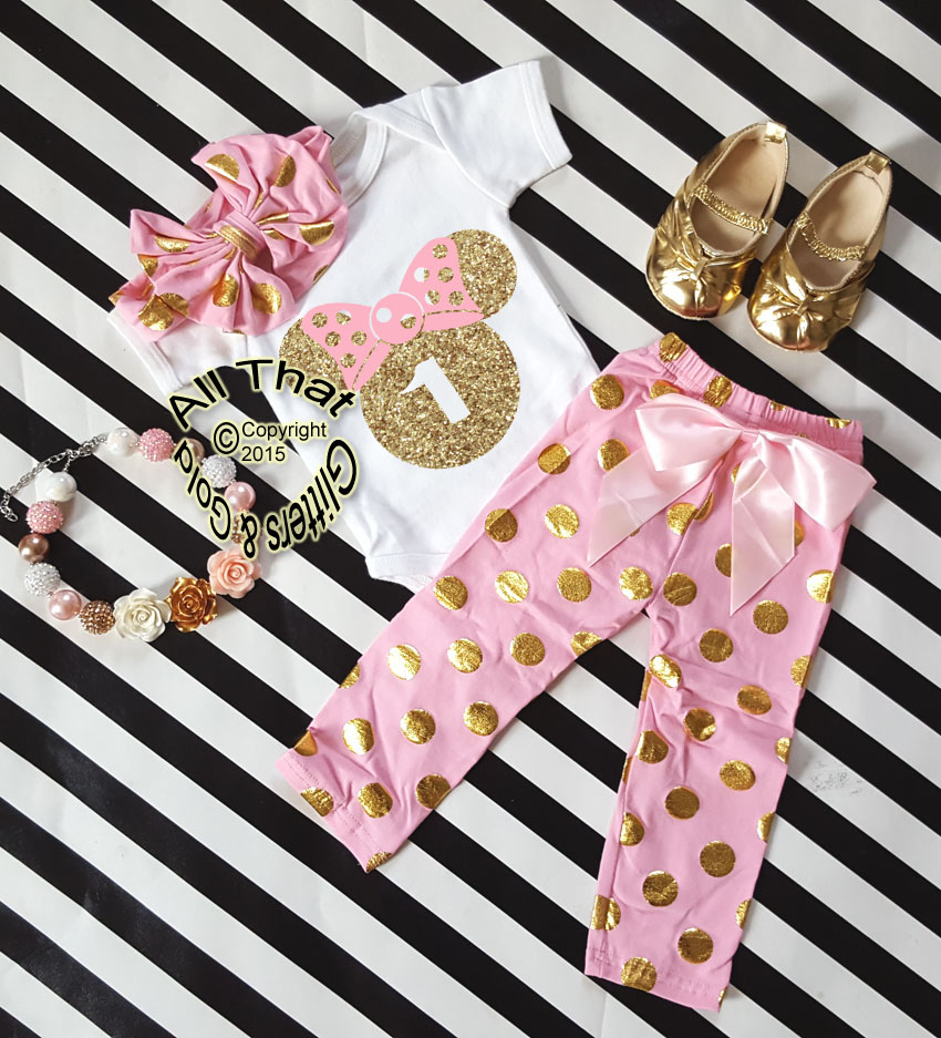 Pink and Gold Minnie Birthday Pants Outfits For One Year Old