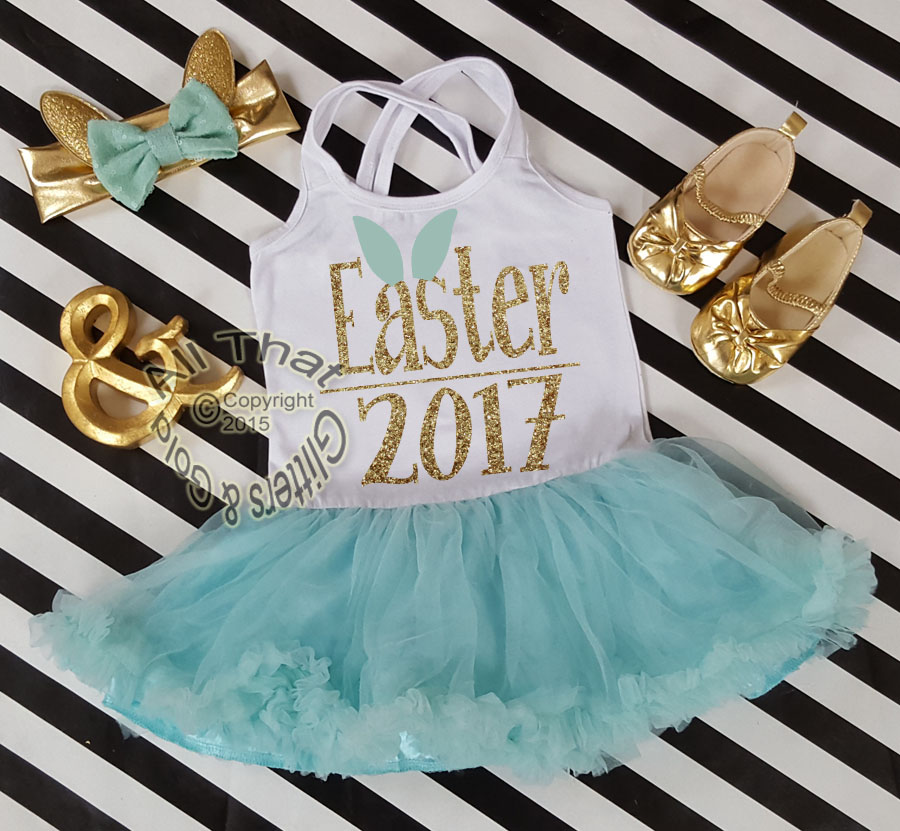 Mint and Gold Glitter 2pc Easter 2017 Tutu Dresses For Toddler Girls Age 1-4