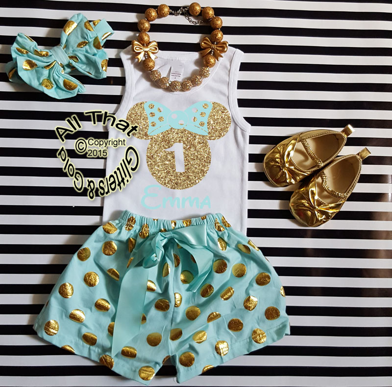 Personalized Mint and Gold Minnie Birthday Shorts Outfits For Toddlers