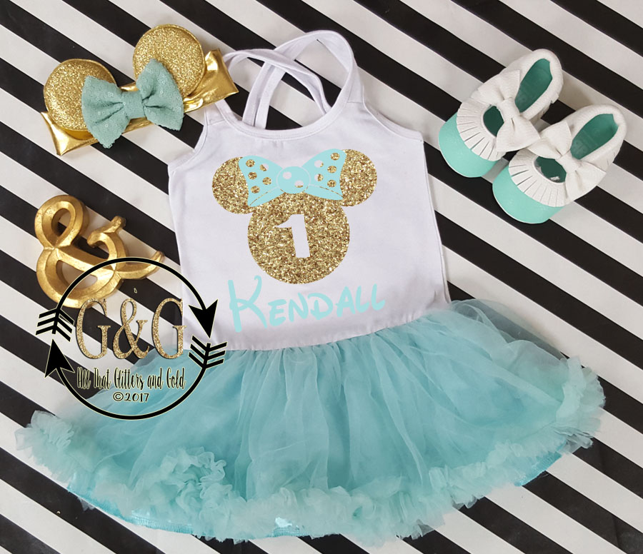 Mint and Gold Personalized Glitter 2pc Mouse Tutu Dresses For Toddler Girls Age 1- 3